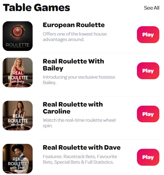 The gambling platform aims to provide players with a personalised experience, and that is why it offers a variety of Live Blackjack and Live Roulette private tables.
