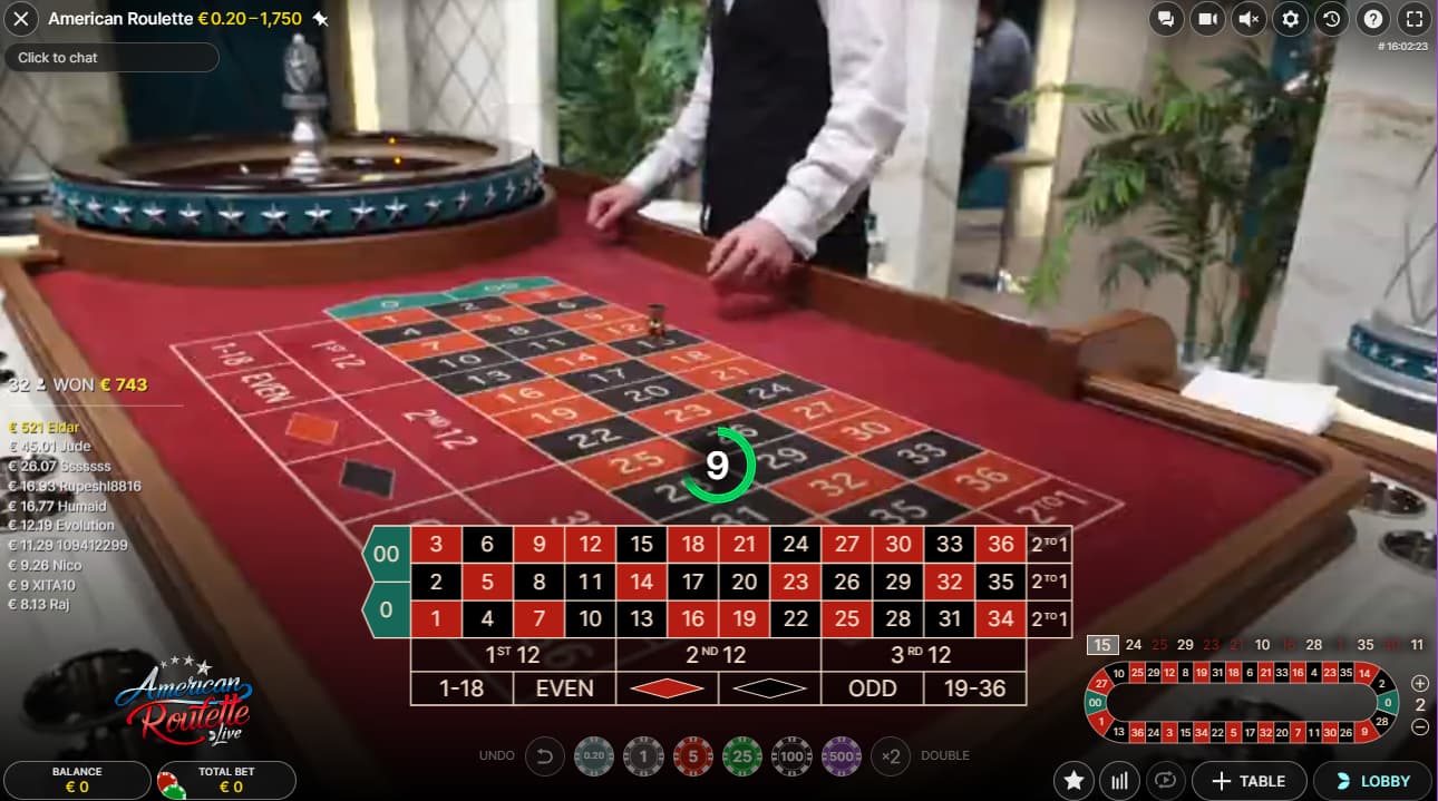 In Live American Roulette, the wheel consists of 38 pockets, meaning that it has pockets numbered from zero to 36 and an additional double zero pocket.