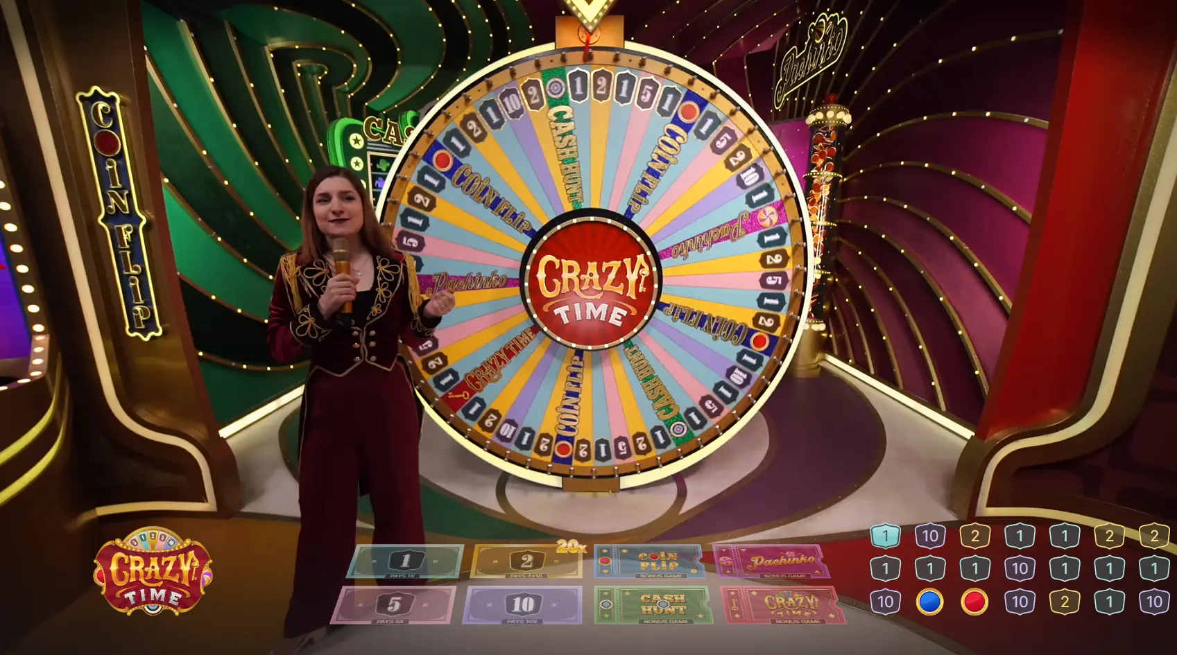 Crazy Time is a unique live casino game show featuring a carnival-style money wheel with 54 varied segments