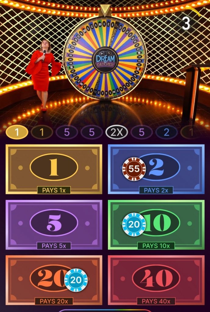  Evolution Gaming introduced the live online version of the Dream Catcher game. It showcases a large, vertically mounted wheel with 54 coloured segments