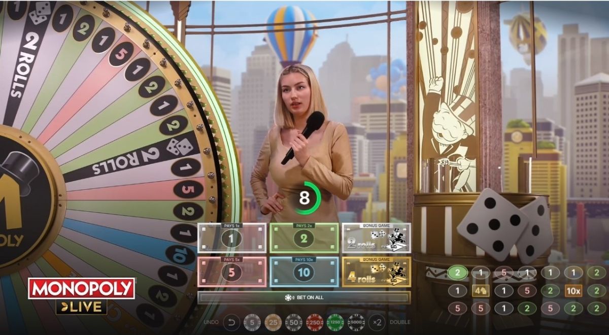 Monopoly Live casino game is hosted by a live croupier and involves spinning a wheel.