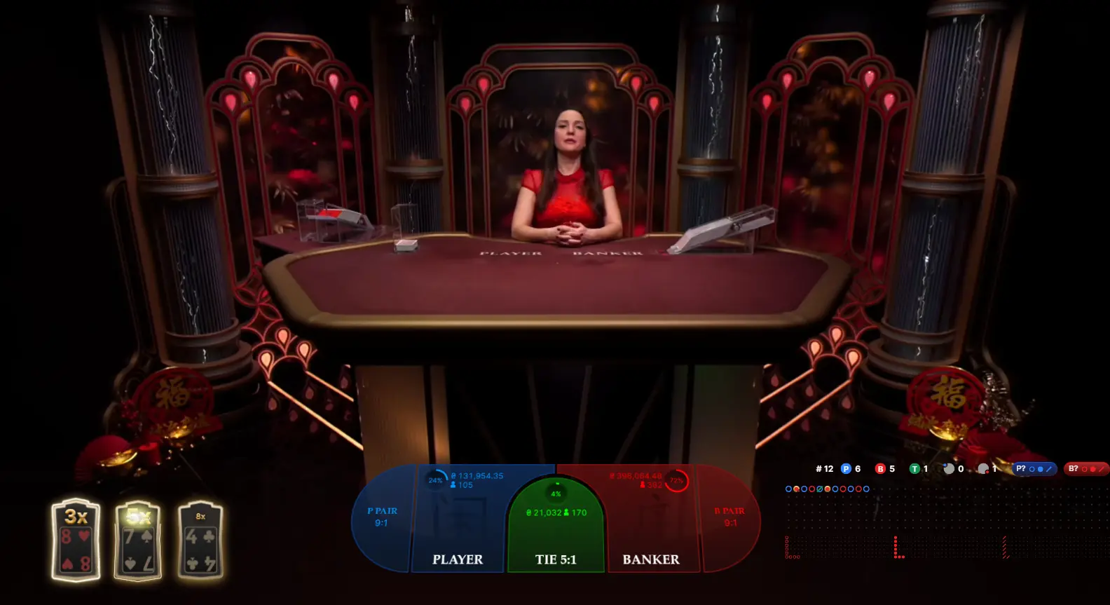 The camera zooms in on the roulette-style sphere the dealer uses when drawing the first card to designate which hand receives it per official baccarat drawing rules.
